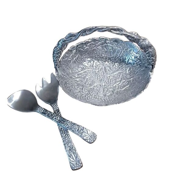 Polished Pewter 12" 3D Grape Vine Basket With Handle and Serving Fork And Spoon - Picture 1 of 9